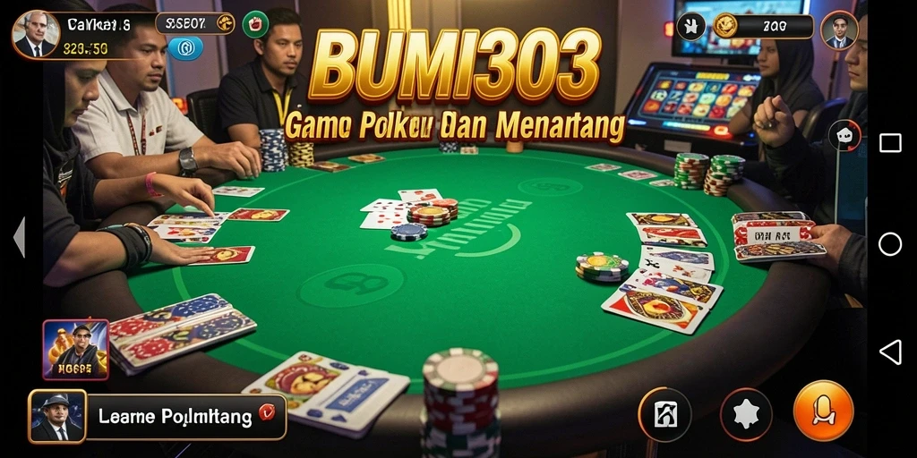 Screenshot BUMI303 menampilkan gameplay Poker yang mendebarkan.