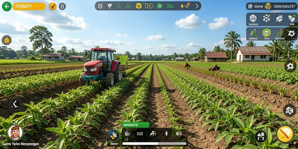 Screenshot utama DORA77 menampilkan aktivitas berkebun di peternakan yang hijau dan subur.
