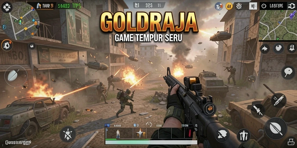 Tangkapan layar gameplay <strong>GOLDRAJA</strong> yang menampilkan aksi seru dalam pertempuran TPS.