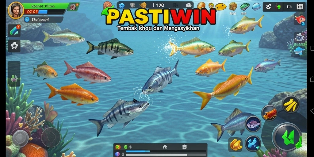 Screenshot gameplay PASTIWIN menampilkan aksi menembak ikan yang mendebarkan.