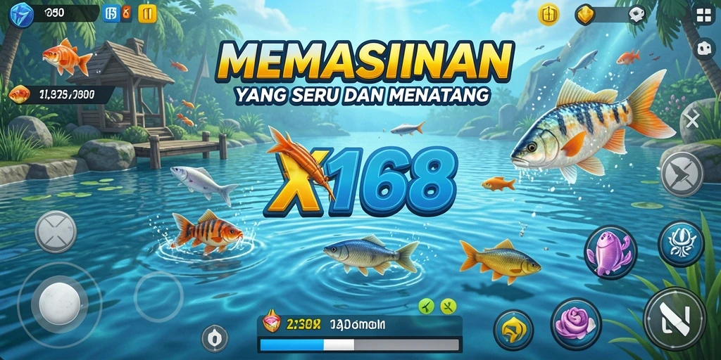 Screenshot utama X168 menunjukkan gameplay memancing yang seru dan mengasyikkan.